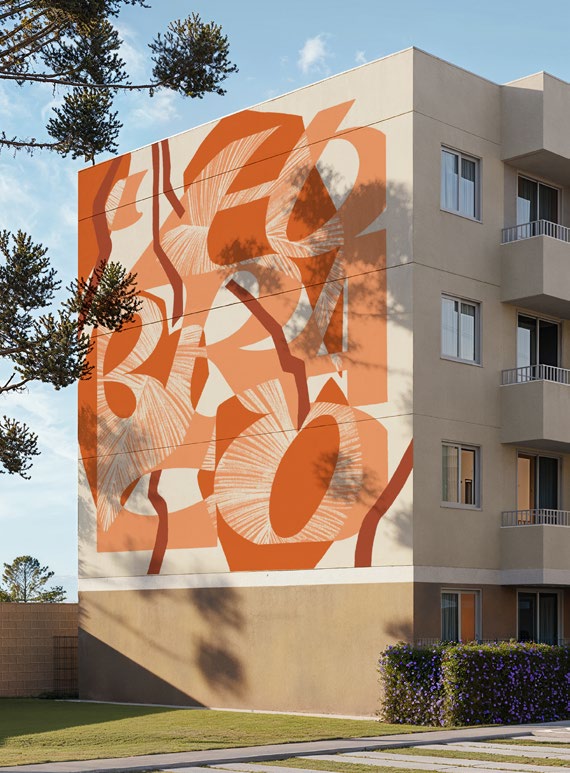 Mural artístico laranja de Cris Pagnoncelli na fachada do Hauer 4You